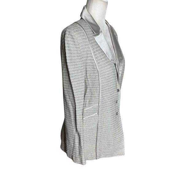 Vintage St John Evening Metallic Blazer 8 Silver Grey Satin Lapel Buttons Pocket - Picture 6 of 7
